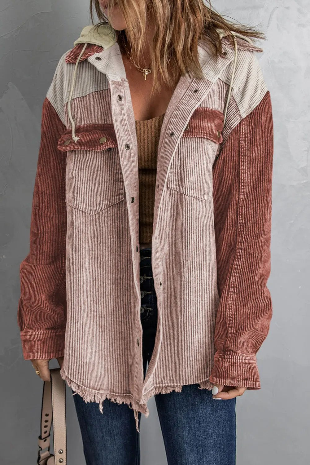 Snap Front Hooded Corduroy Shacket by Partner Label