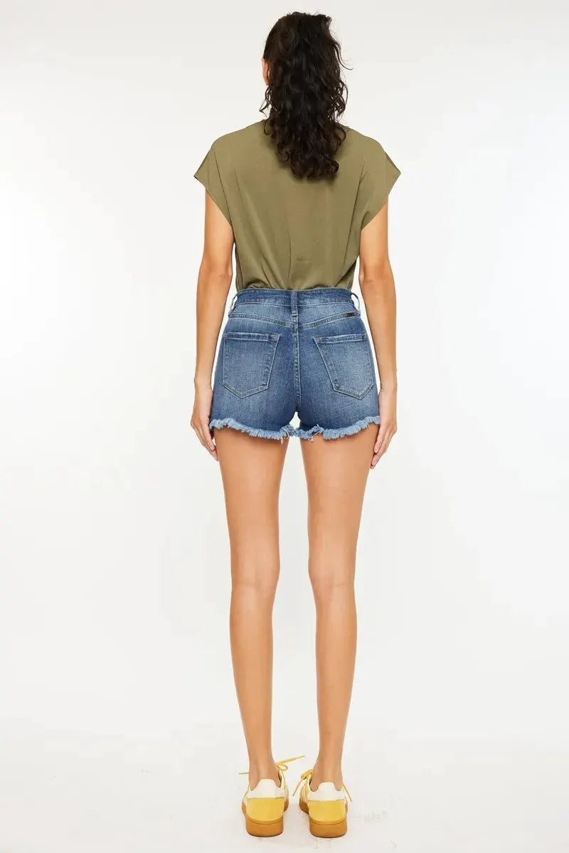 Kancan High Rise Frayed Hem Denim Shorts by Kancan