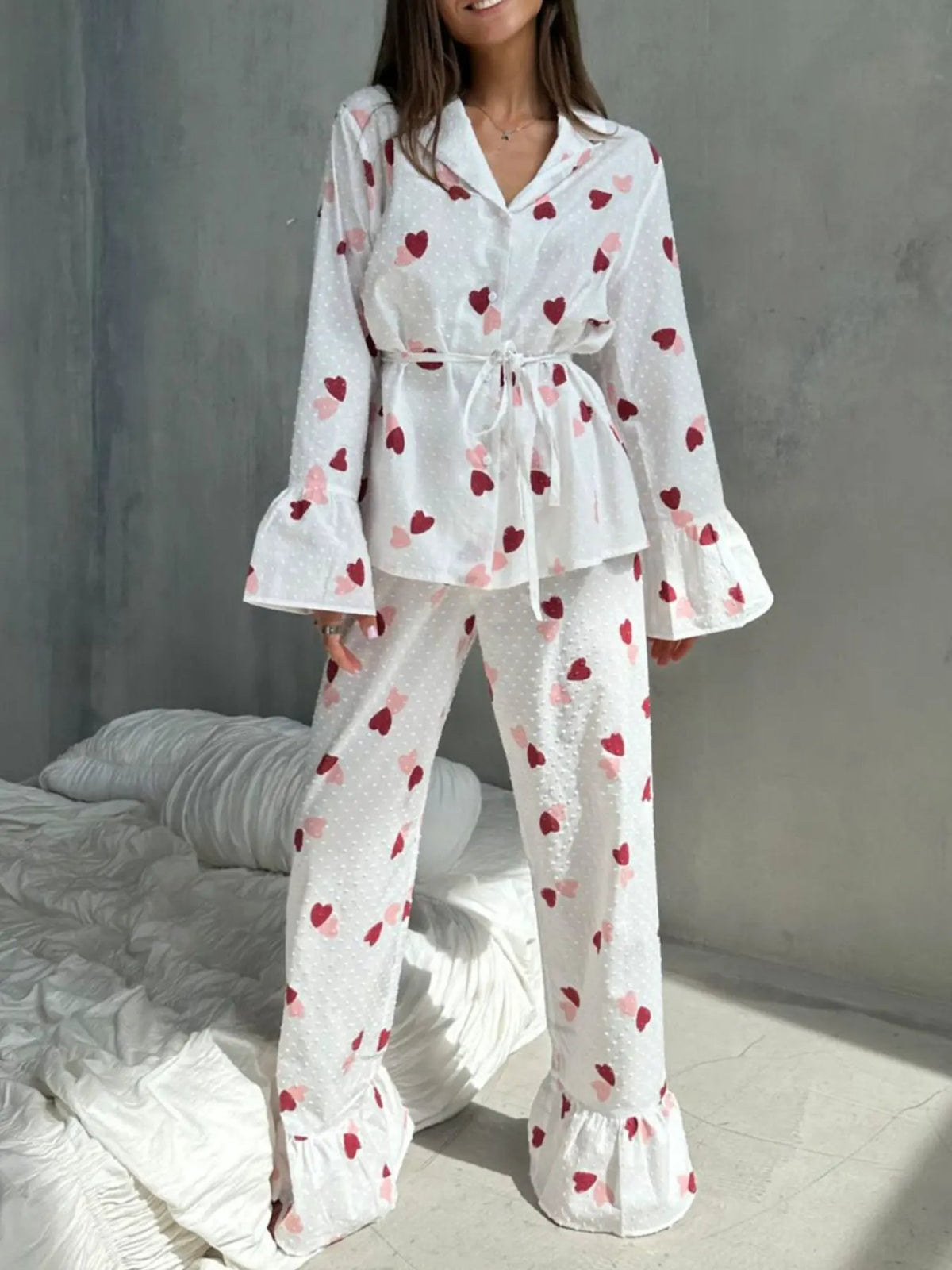 Heart Print Long Sleeve and Pants Lounge Set by Partner Label