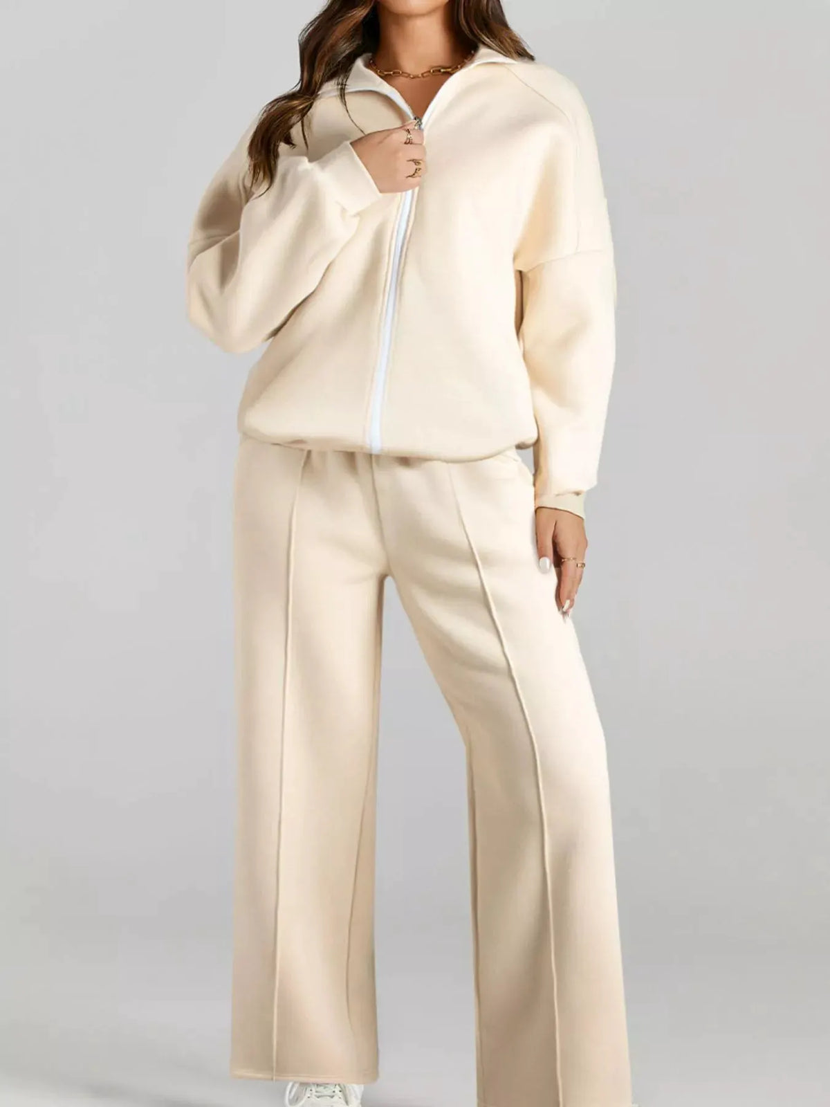 Drop Shoulder Zip Up Jacket and Drawstring Pants Active 2pcs Set by Partner Label