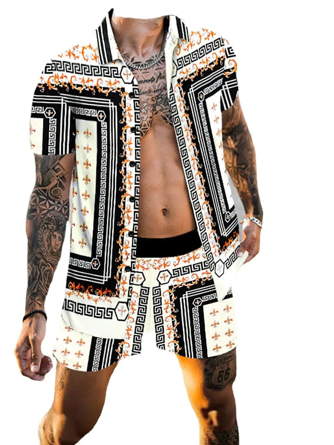 Men's Full Size Printed Collared Neck Short Sleeve Top and Shorts Set Plus Size by Trendsi