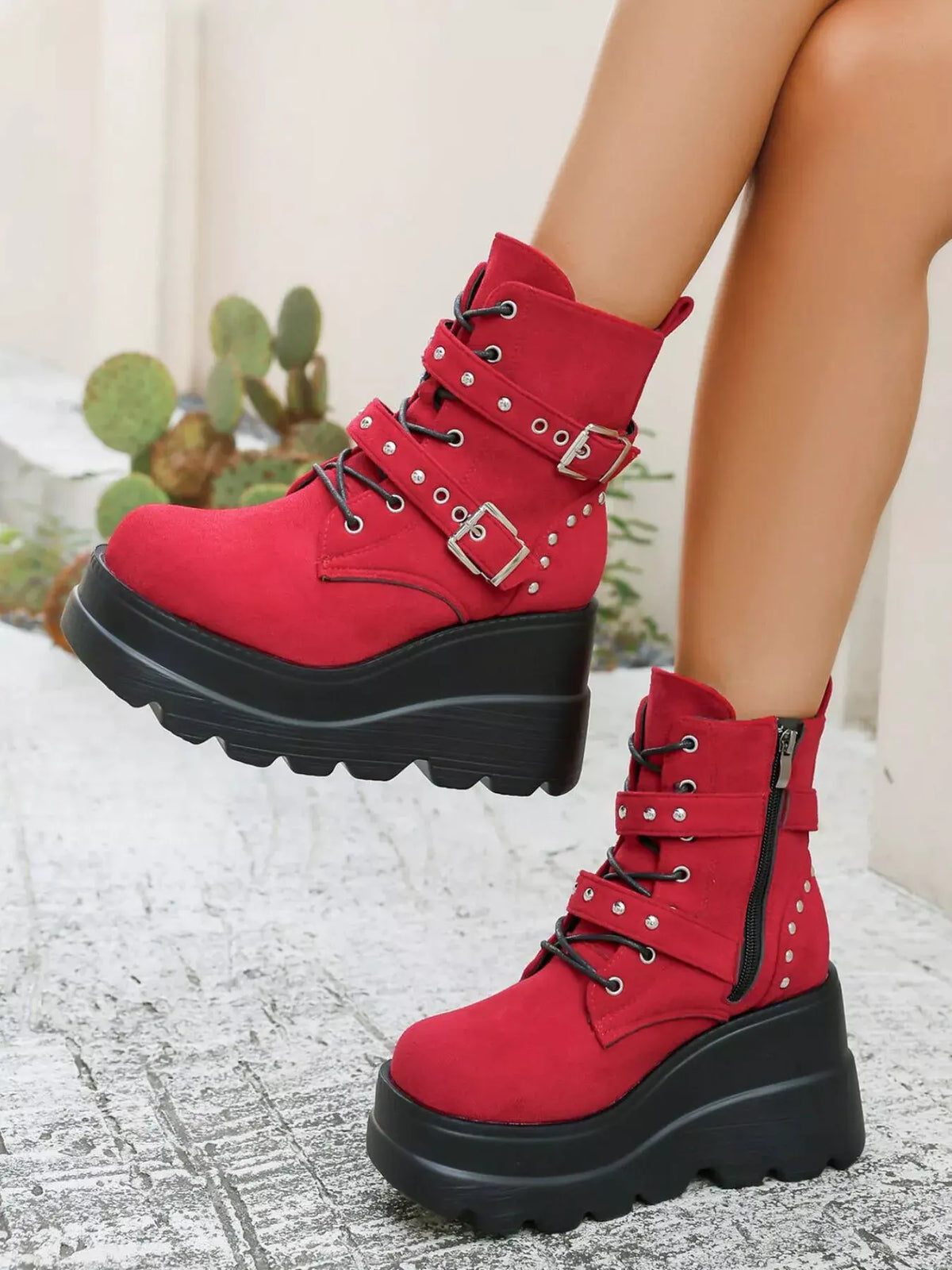 Lace Up Platform Wedge Boots by Partner Label