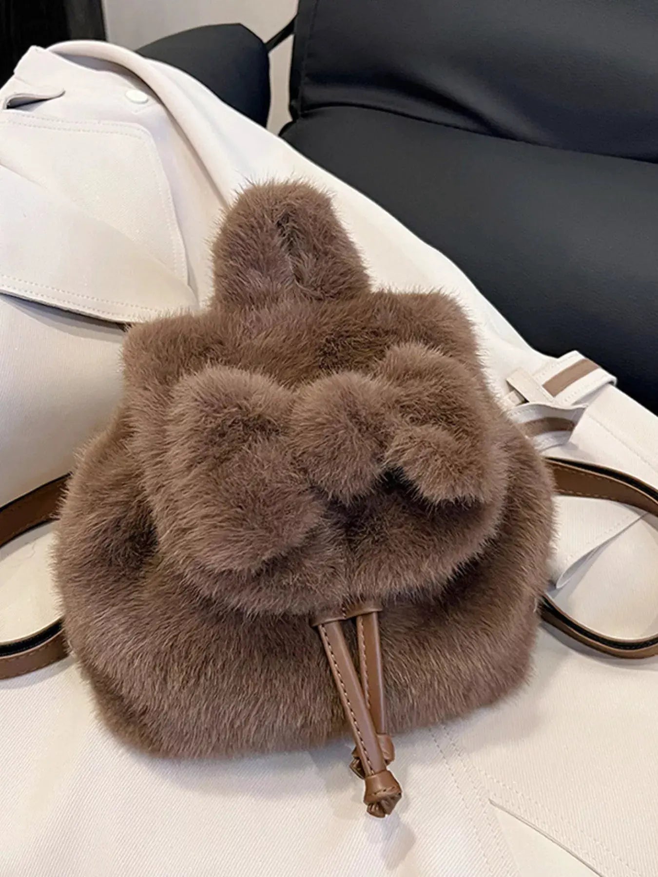 Fuzzy Plush Drawstring Backpack Bag by Partner Label