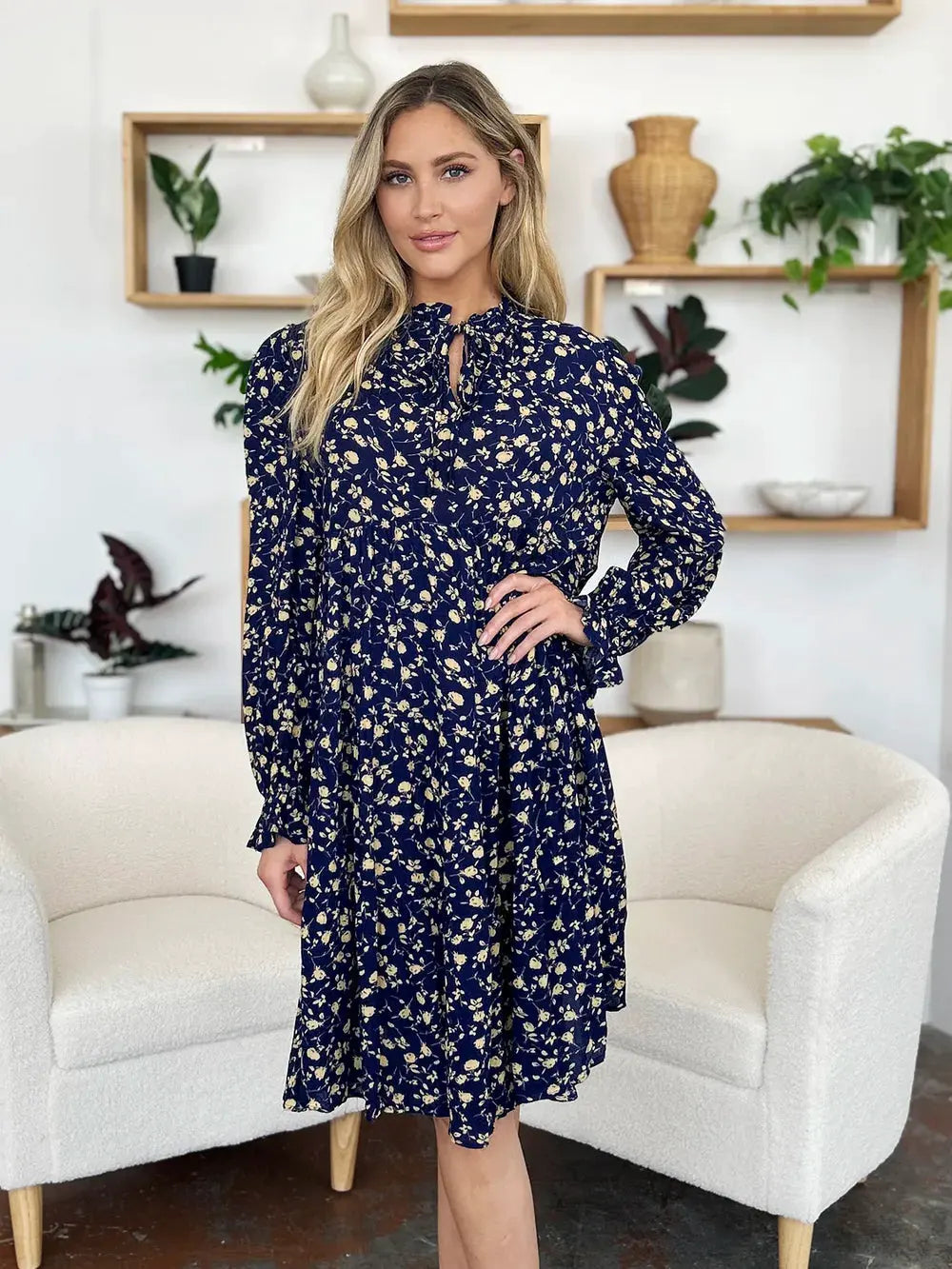 Double Take Full Size Printed Ruffle Hem Long Sleeve Tiered Dress by Double Take