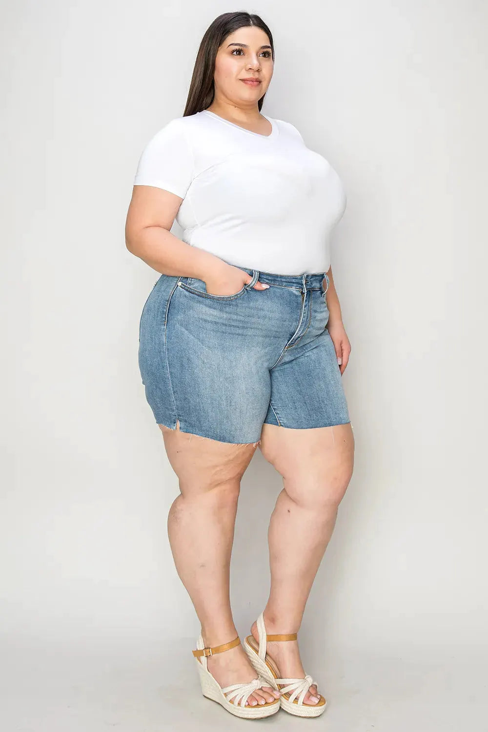 Judy Blue Full Size High Waist Raw Hem Denim Shorts by Judy Blue