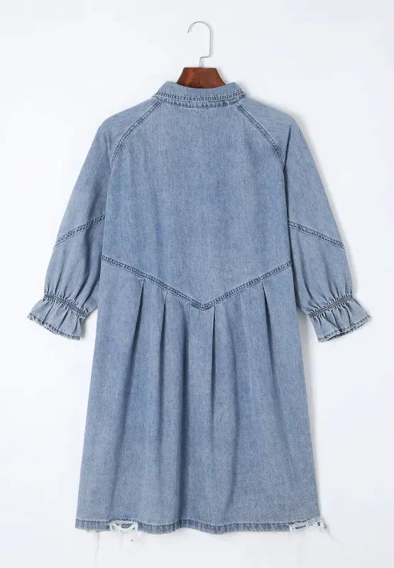Distressed Collared Neck Flounce Sleeve Denim Dress by Partner Label
