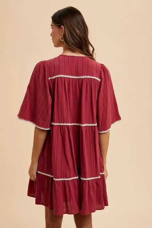 Annie Wear Tassel Contrast Trim Tie Neck Half Sleeve Tiered Dress by Annie Wear