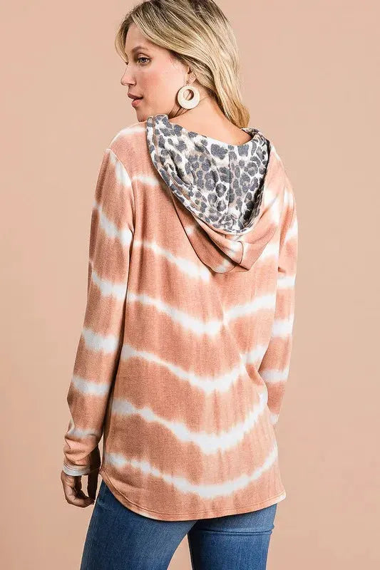 BiBi Tie Dye Stripe Terry Drawstring Hoodie With Leopard by BiBi