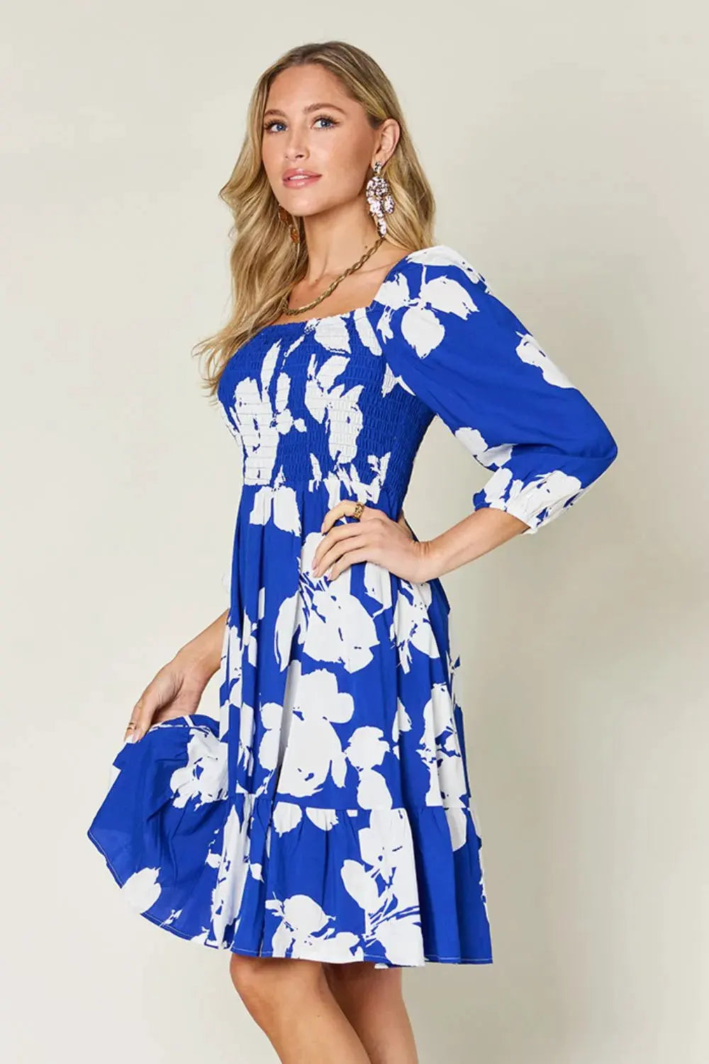 Double Take Full Size Floral Ruffle Hem Smocked Dress with Pockets by Double Take