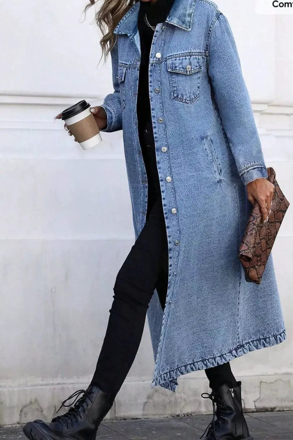 Longline Button-Down Denim Jacket by Partner Label