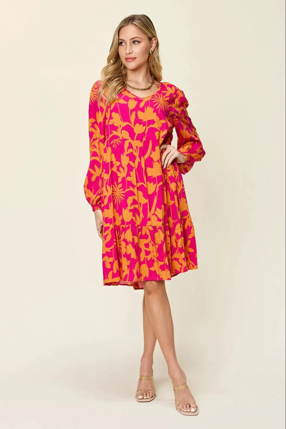 Double Take Full Size Printed Ruffle Hem Dress with Pocket by Double Take