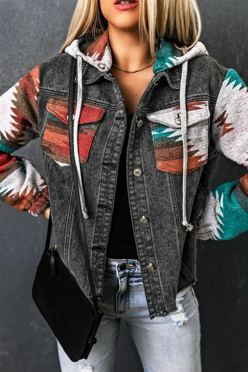 Drawstring Hooded Pocketed Denim Jacket by Partner Label