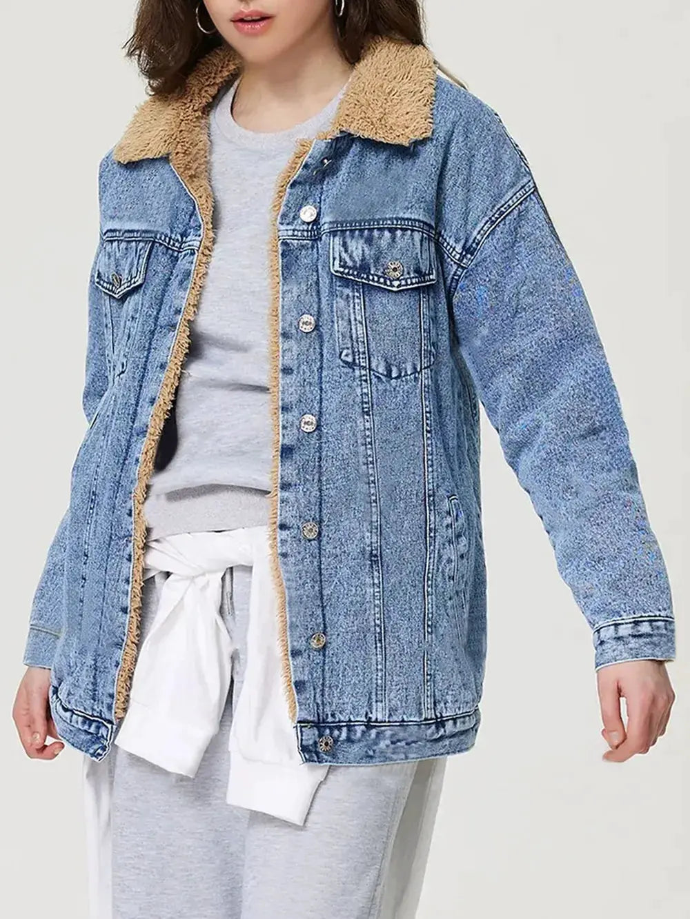 Button Up Collared Neck Plush Denim Jacket by Partner Label