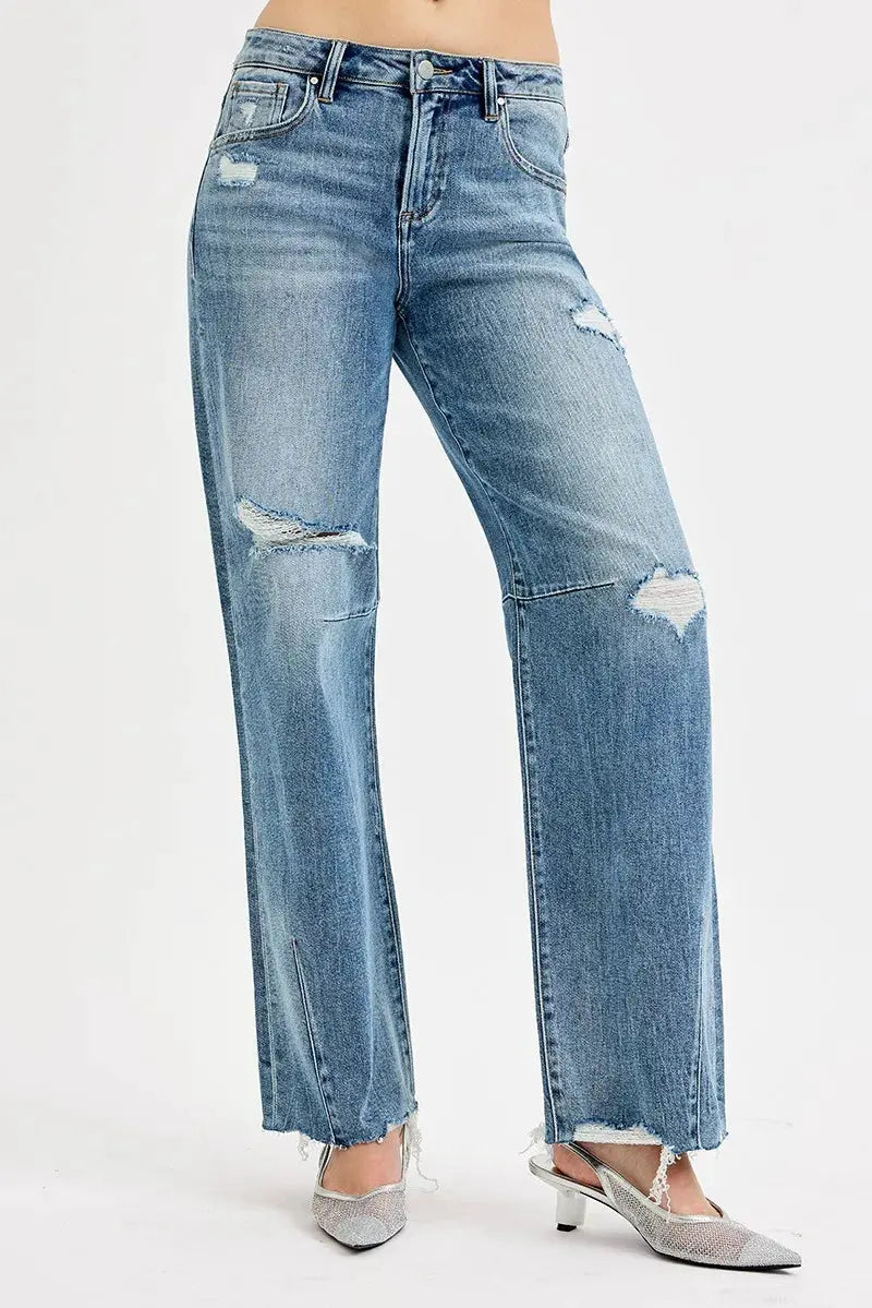 RISEN Full Size Mid Rise Fit Wide Baggy Leg Tie Washed Jeans Plus Size by RISEN