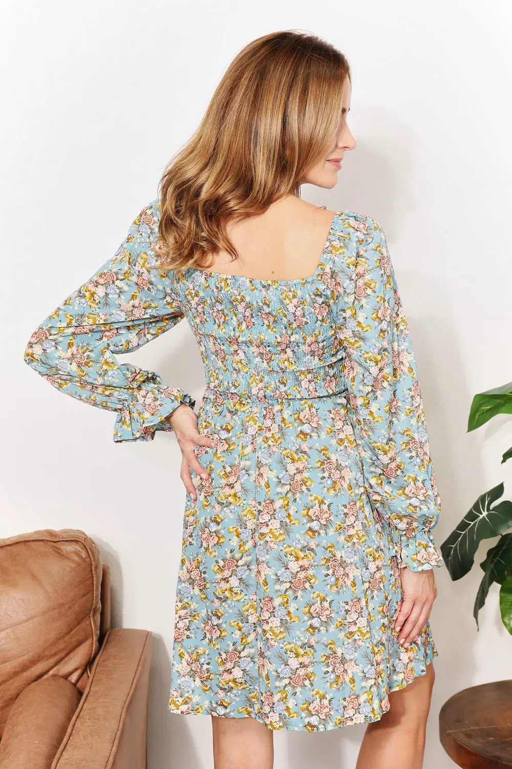 Honey Floral Smocked Flounce Sleeve Square Neck Dress by Honey