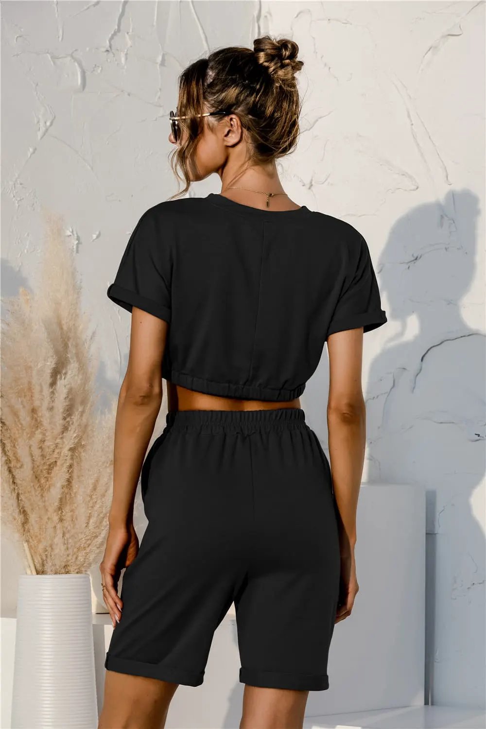 Short Sleeve Cropped Top and Drawstring Shorts Lounge Set by Partner Label