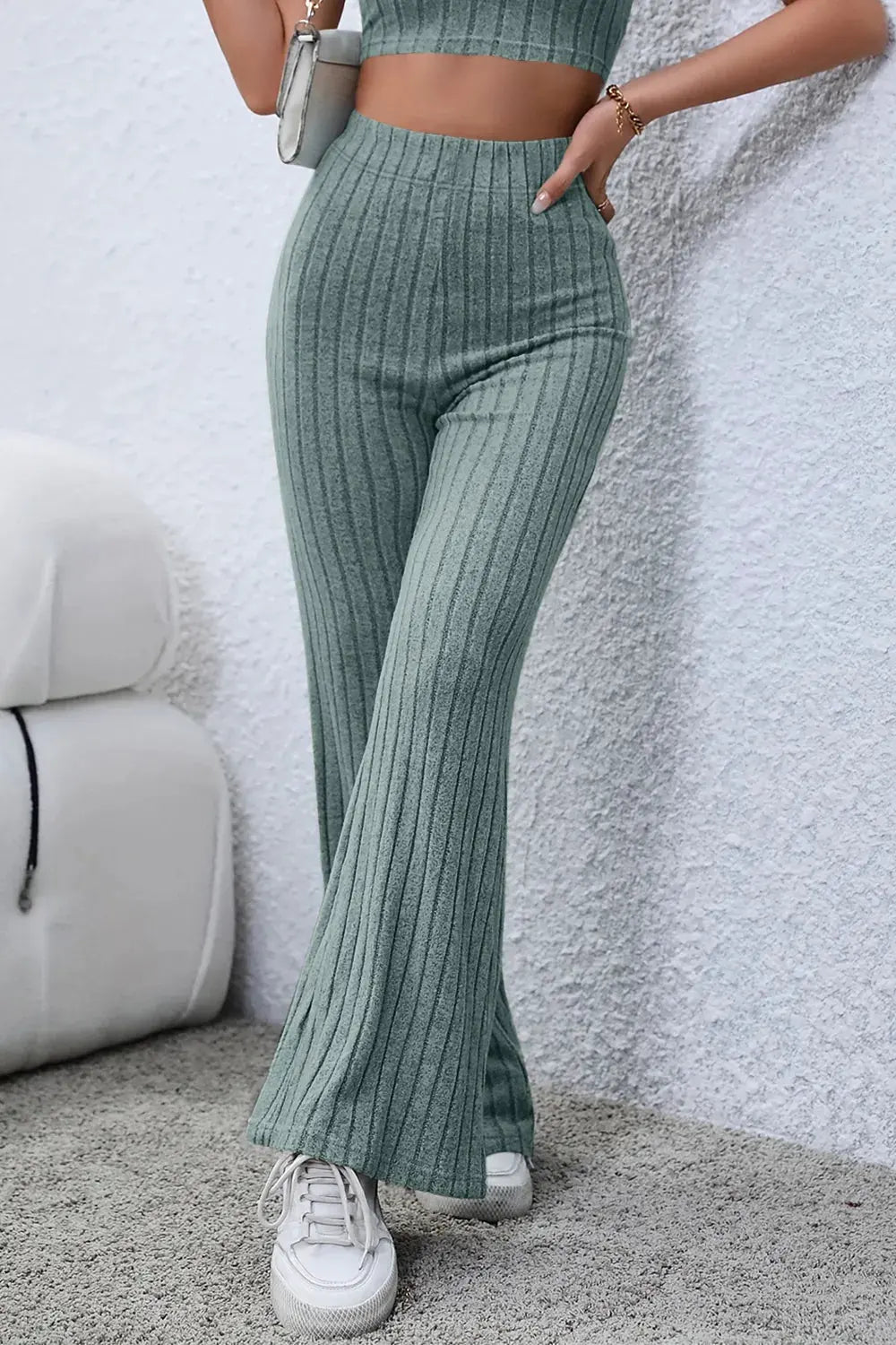 Basic Bae Full Size Ribbed High Waist Flare Pants by Partner Label
