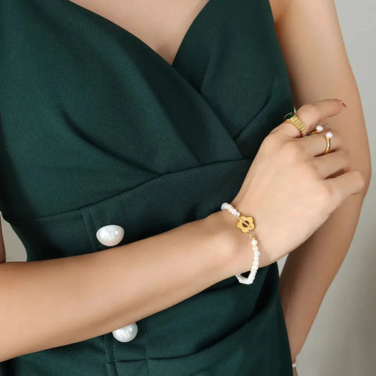 Titanium Steel Pearl Flower Bracelet by Partner Label