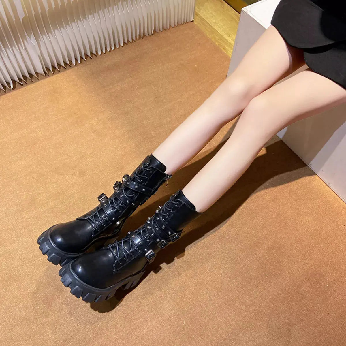 Buckled Lace-Up Combat Boots by Partner Label