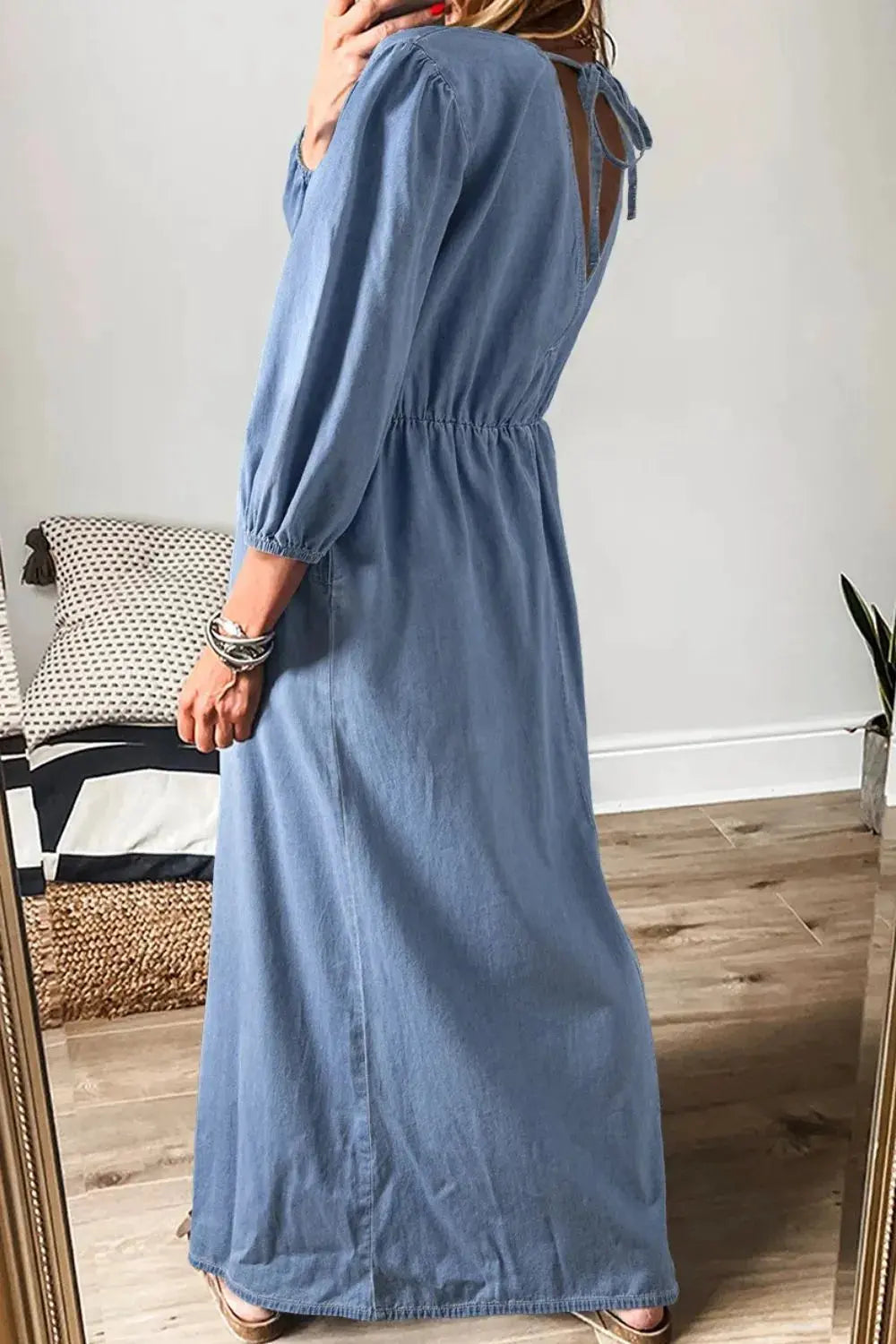 Tied Plunge Three-Quarter Sleeve Denim Dress by Partner Label