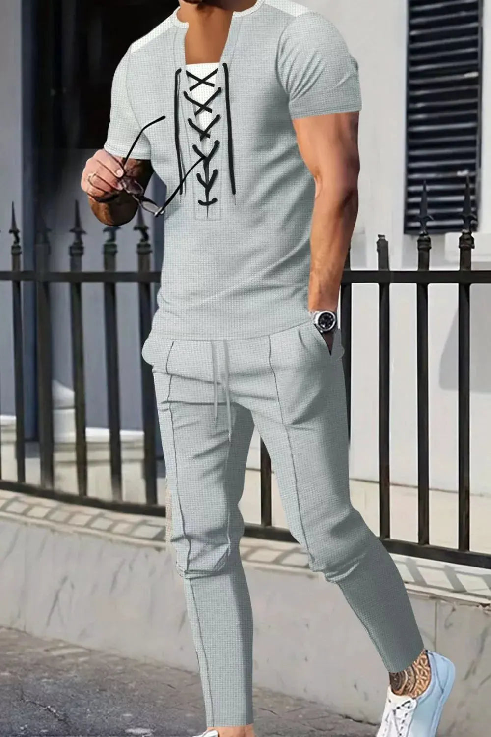 Men's Full Size Lace-Up Front Top and Pants Casual Set Plus Size by Trendsi