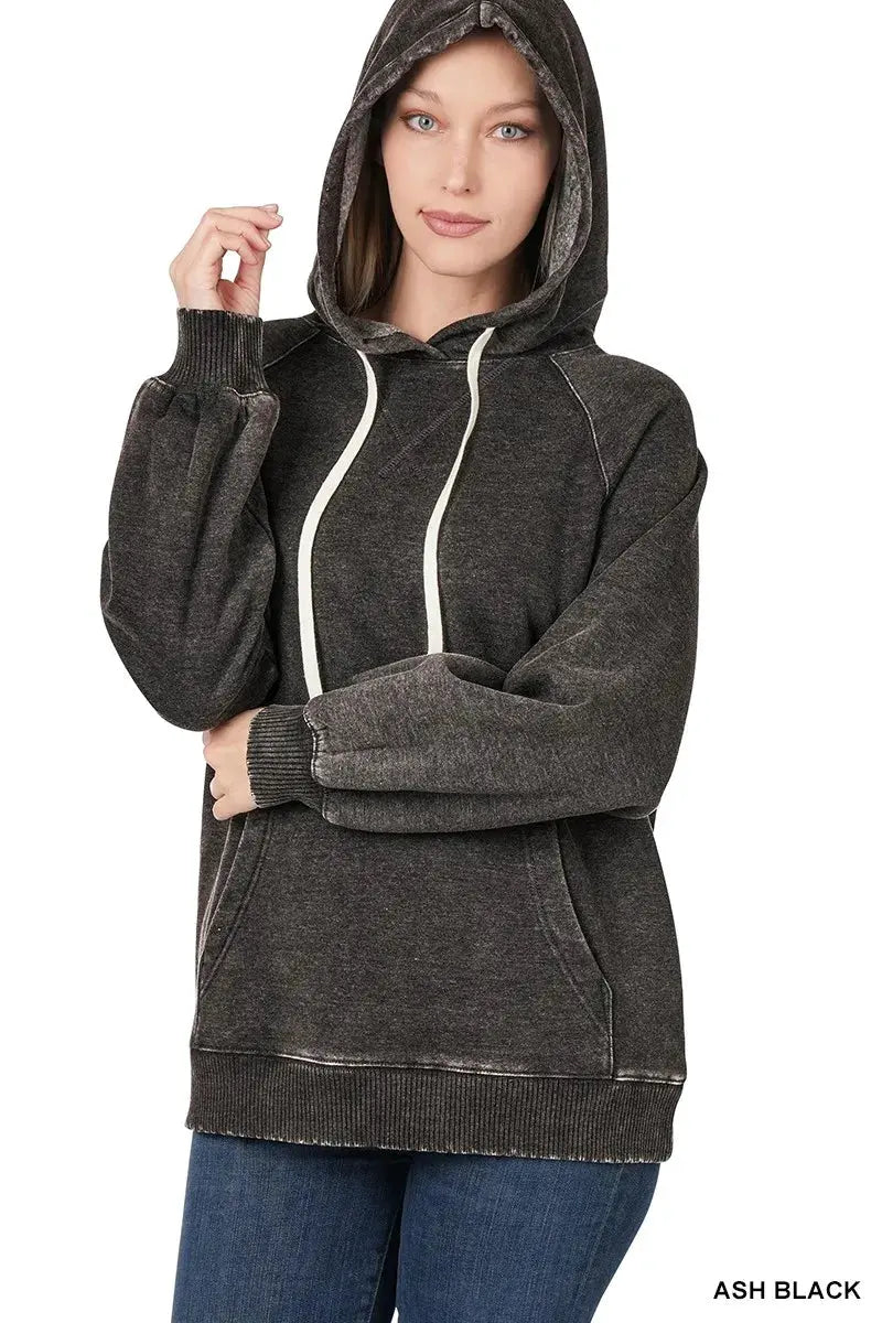 Zenana Acid Wash Fleece Hoodie with Drawstring by Zenana