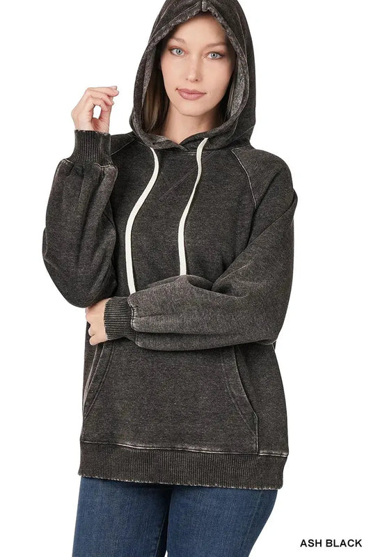 Zenana Acid Wash Fleece Hoodie with Drawstring by Zenana