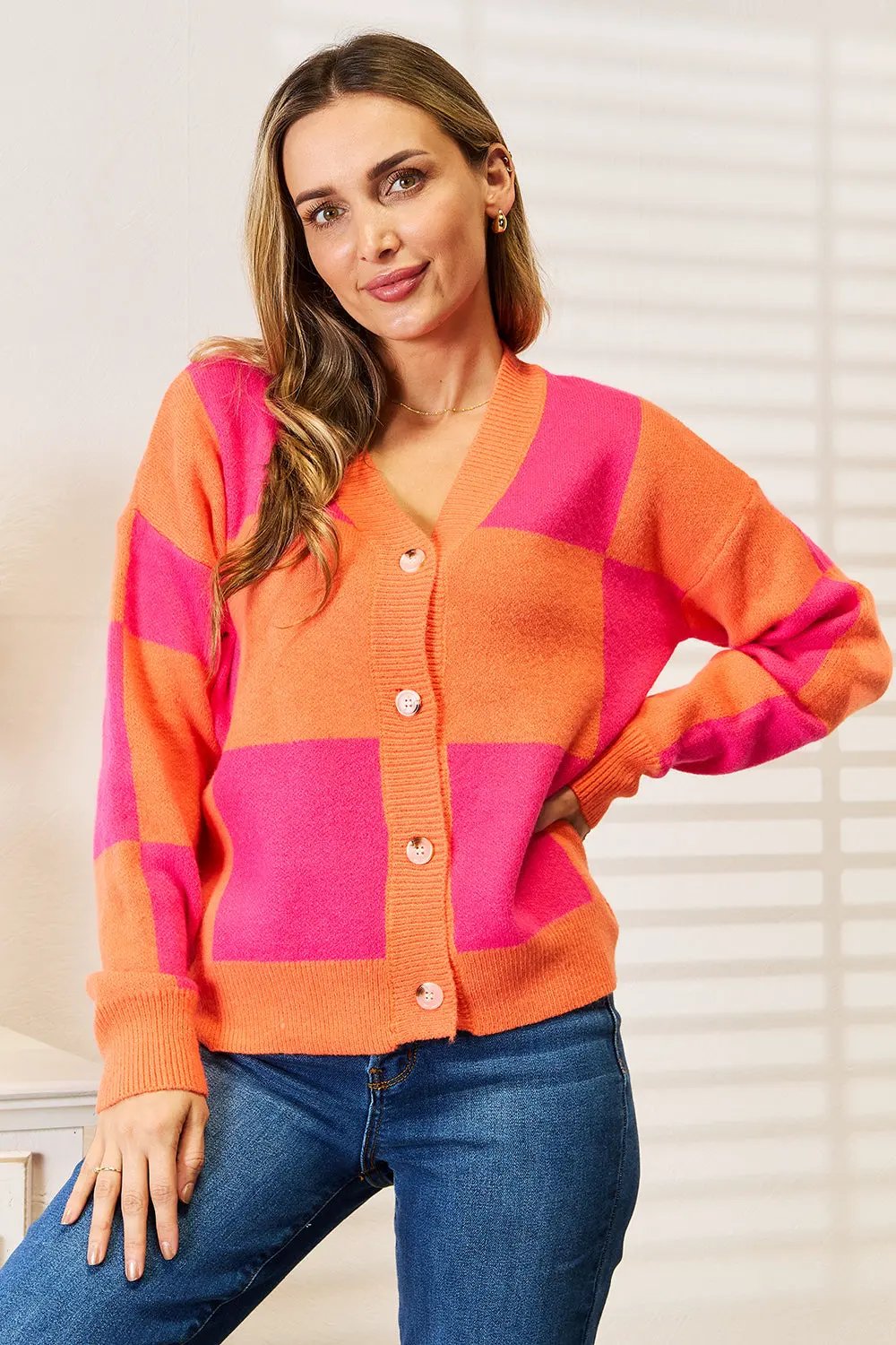 Angel Wings Woven Right Checkered V-Neck Dropped Shoulder Cardigan by Angel Wings