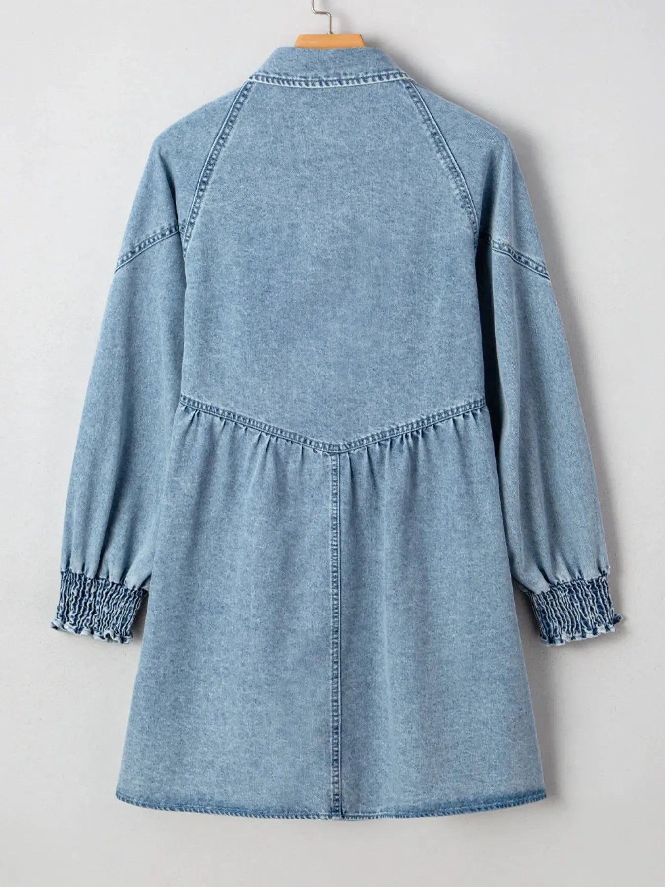 Button-Up Denim Shirt Dress with Smocked Cuffs by Partner Label
