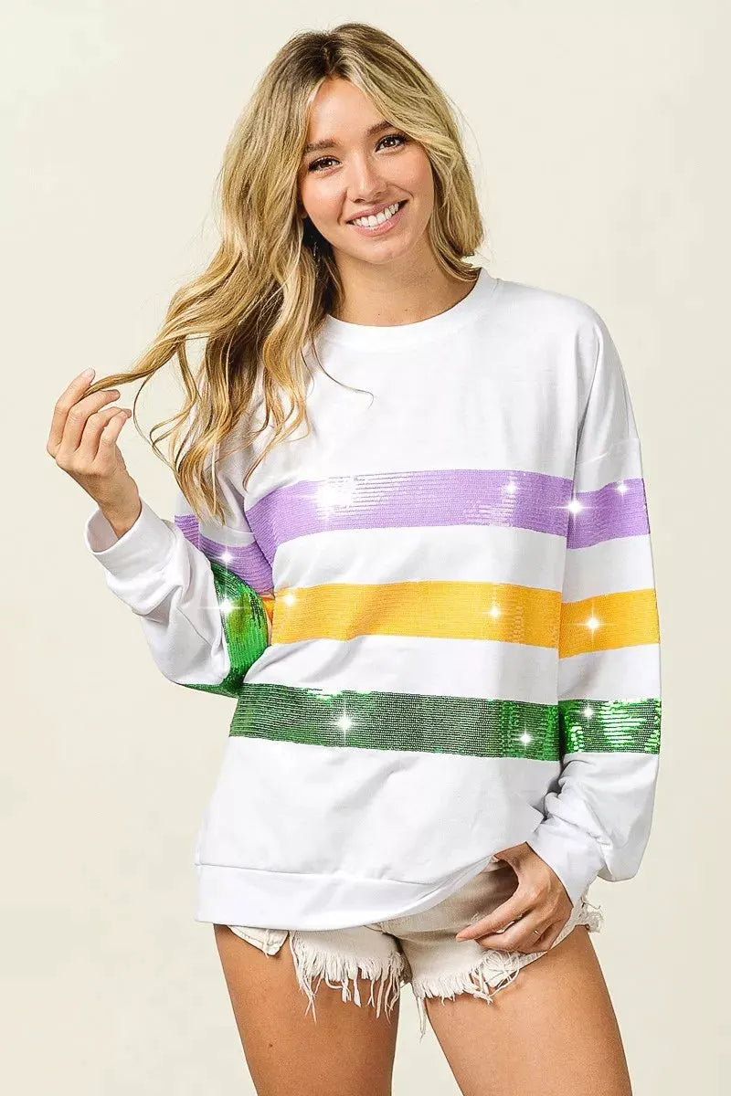 BiBi Sequin Mardi Gras Striped Round Neck Sweatshirt by BiBi