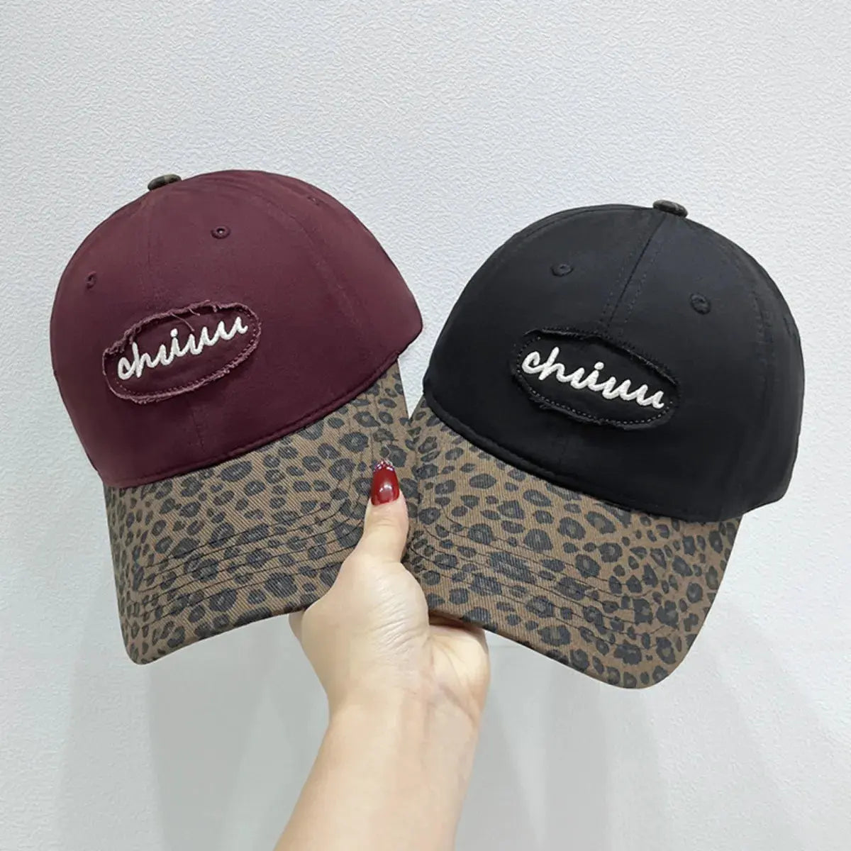 Leopard Print Baseball Cap with Embroidered Letter by Partner Label
