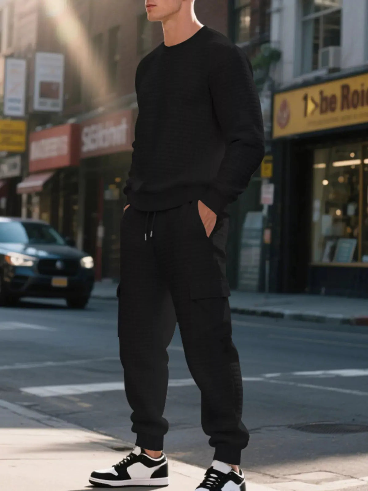 Men's Plus Size Waffle Knit Textured Crewneck Sweatshirt and Jogger Set by Trendsi