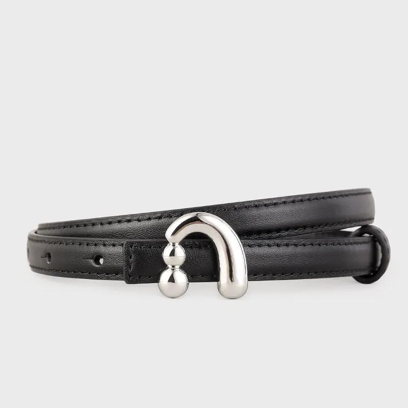 Silver Buckle Skinny Leather Belt by Trendsi