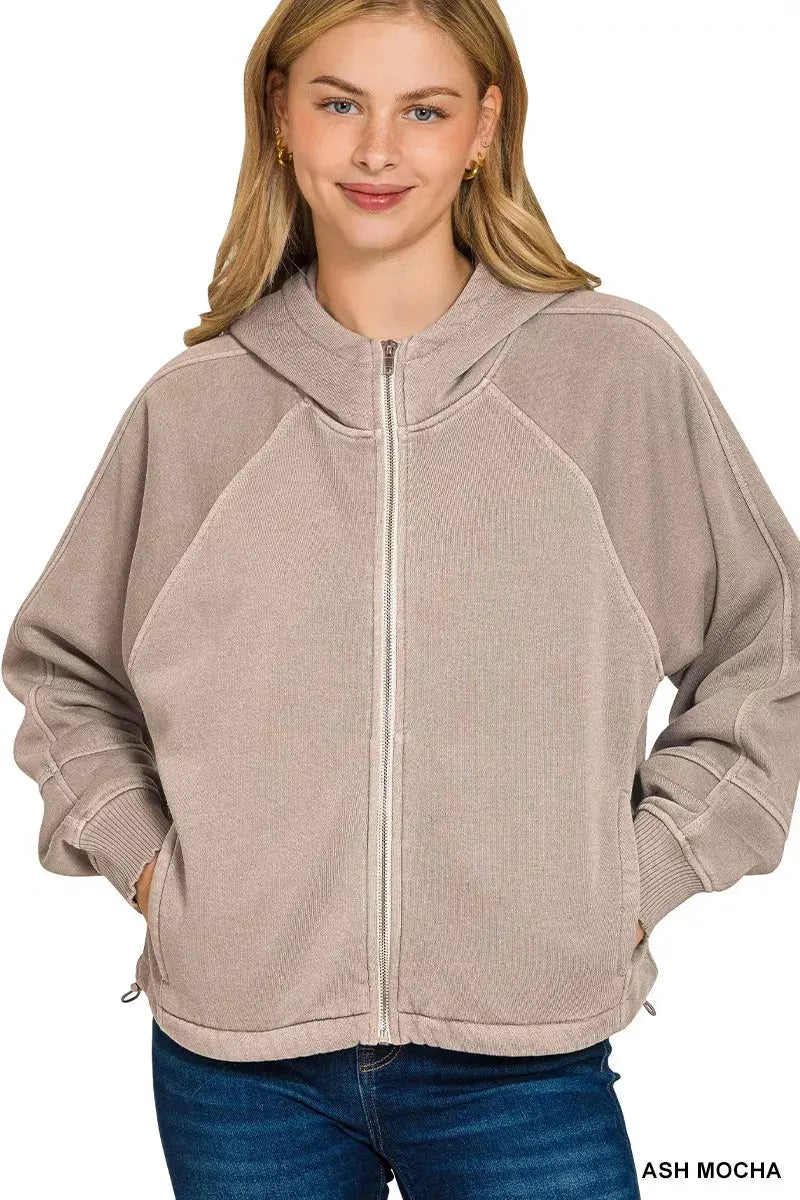 Zenana Fleece Pigment Dye Zip Up Hoodie with Pockets by Zenana