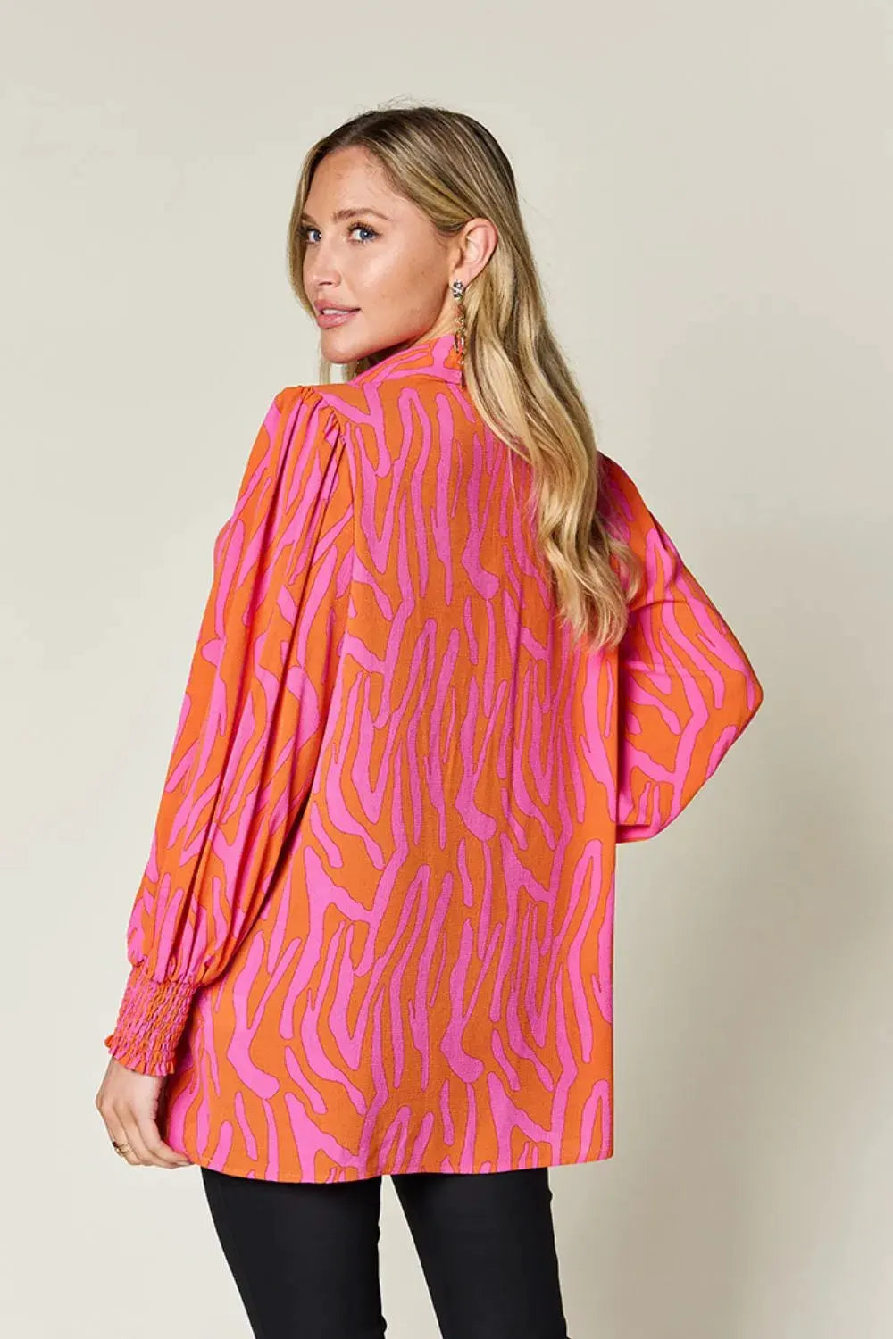 Double Take Full Size Printed Smocked Long Sleeve Blouse Plus Size by Double Take