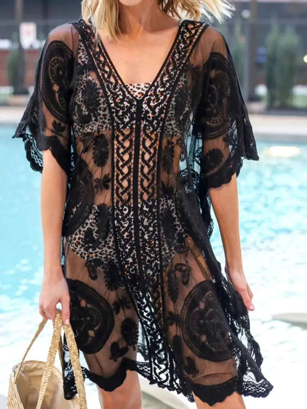 Lace V-Neck Half Sleeve Cover-Up by Partner Labels