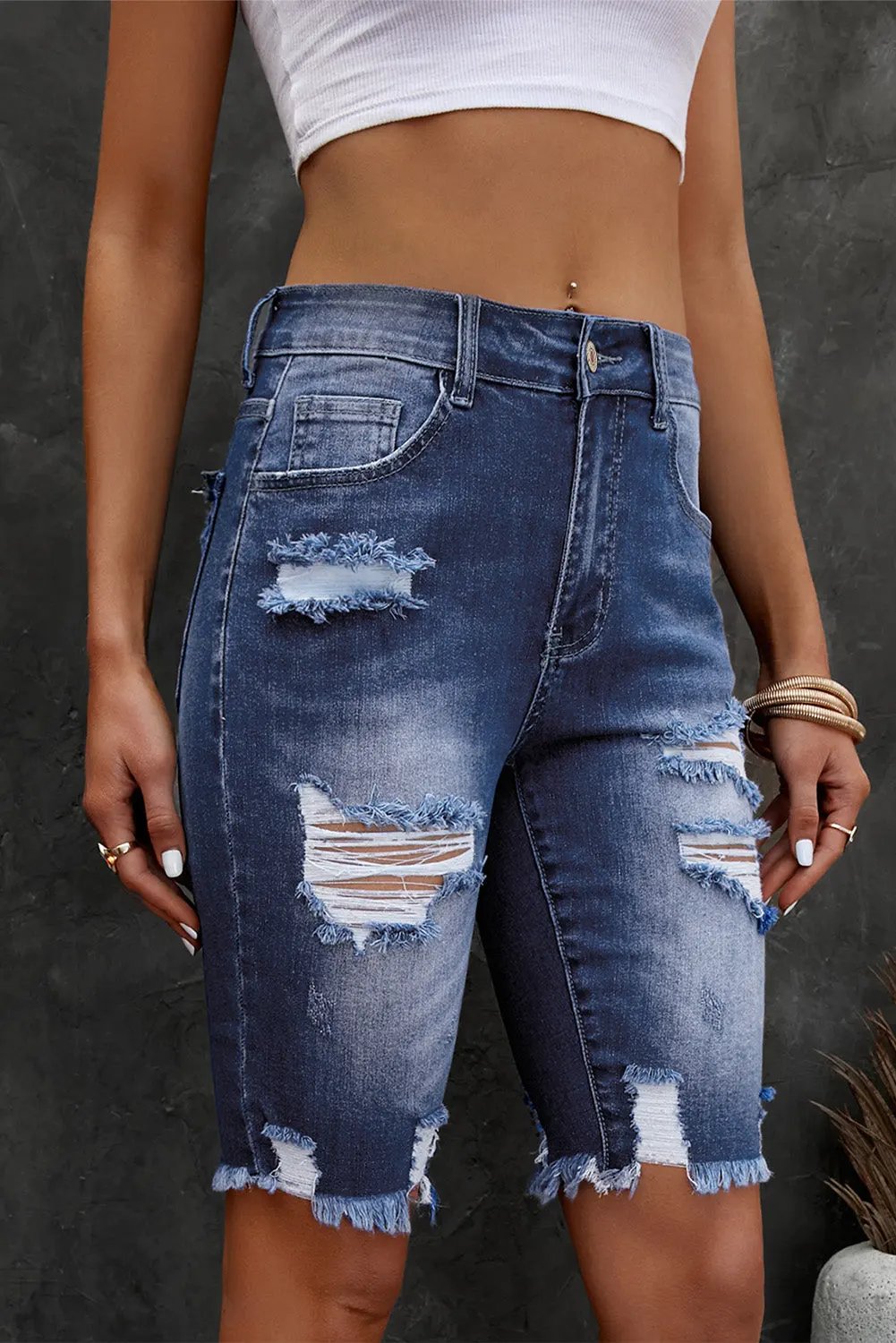 Distressed Frayed Hem Denim Bermuda Shorts by Partner Label