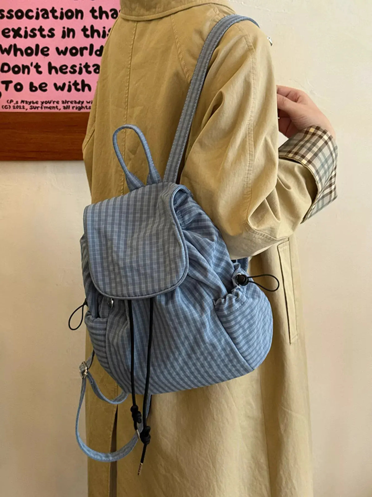 Plaid Drawstring Closure Backpack Bag by Partner Label