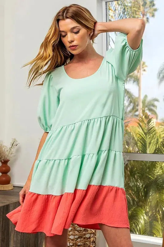 BiBi Two-Tone Balloon Sleeves U Neck Tiered Ruffle Hem Mini Dress by BiBi