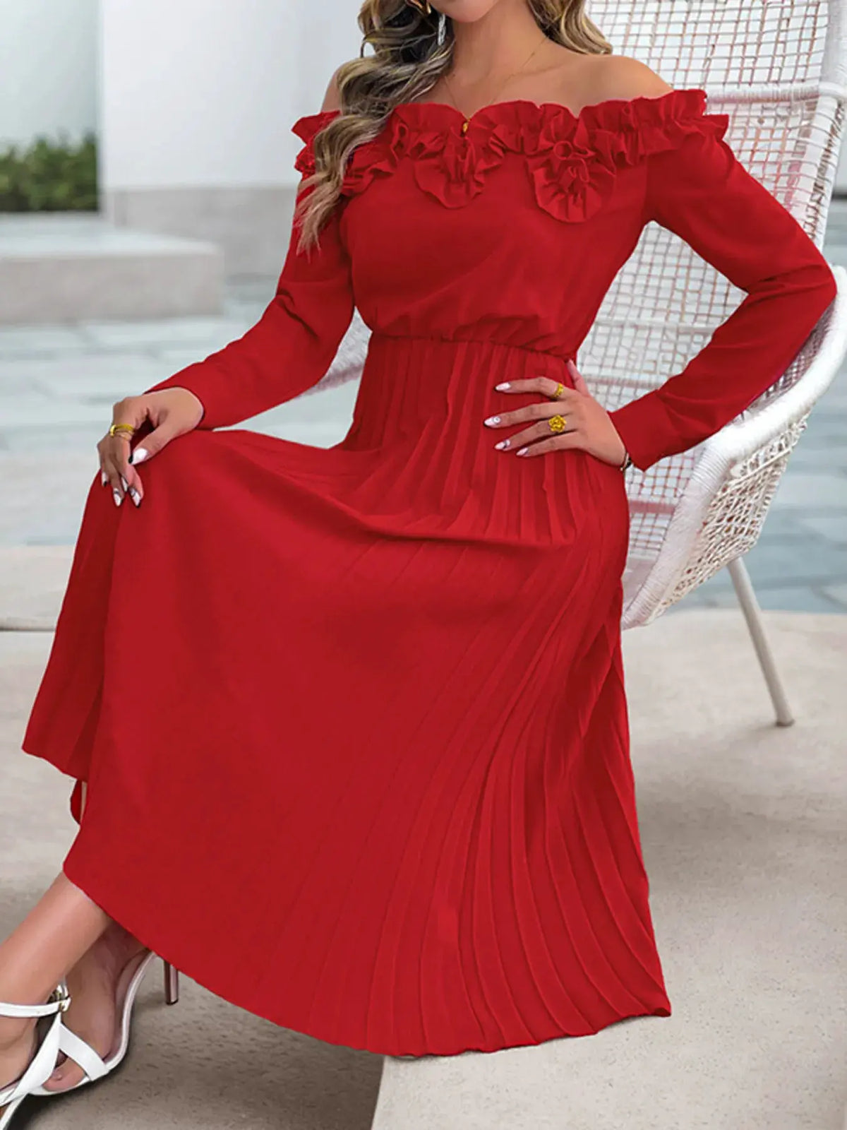 Off-Shoulder Ruffle Pleated Midi Dress by Partner Label