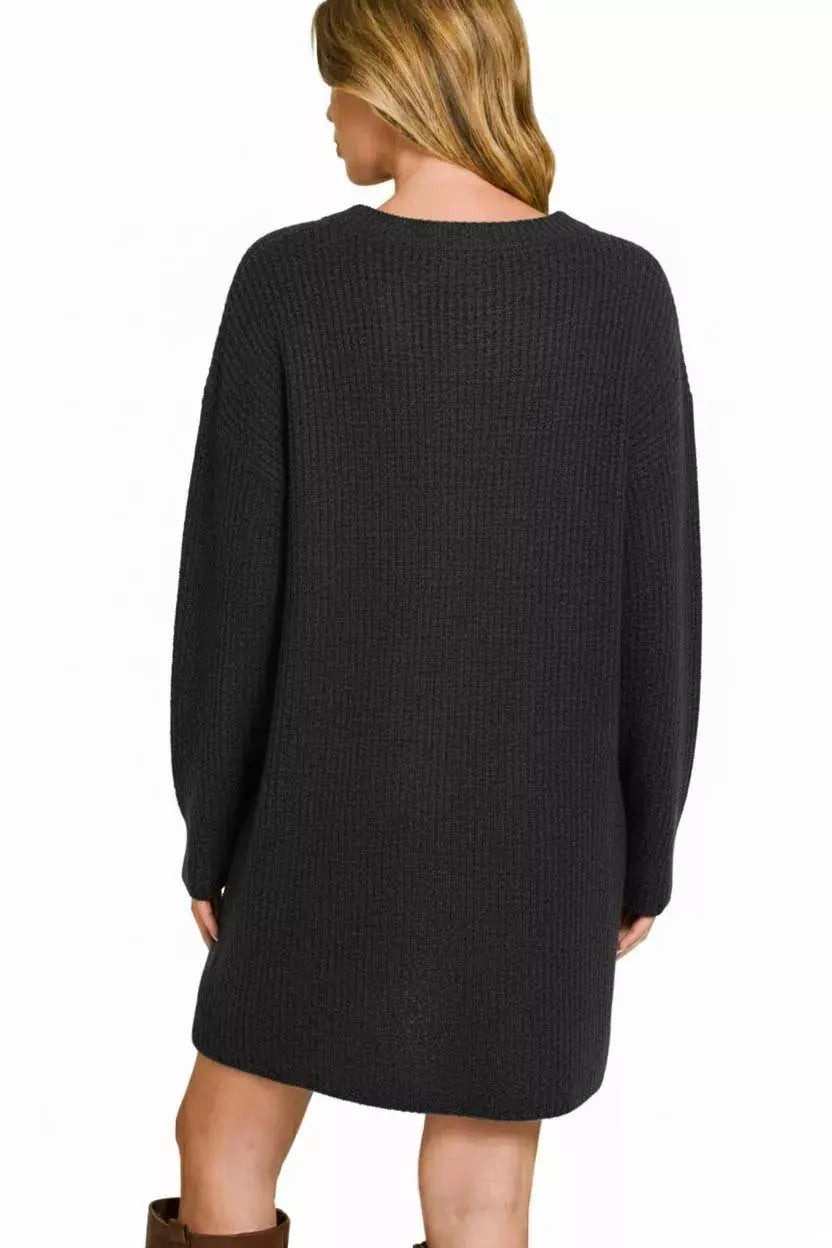 V-Neck Long Sleeve Ribbed Sweater Dress by Zenana