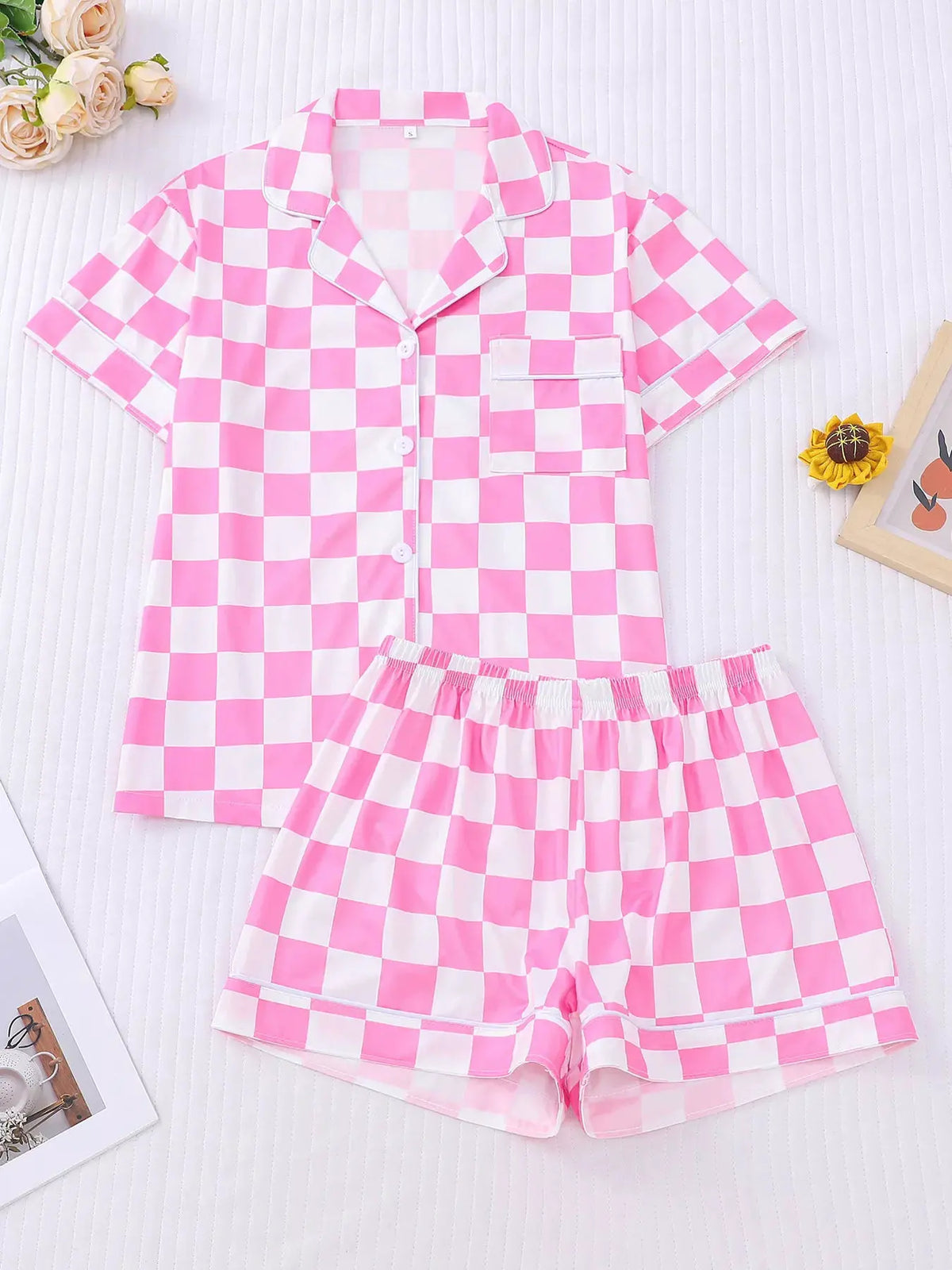 Checkered Print Button Up Top and Shorts Lounge Set by Partner Label