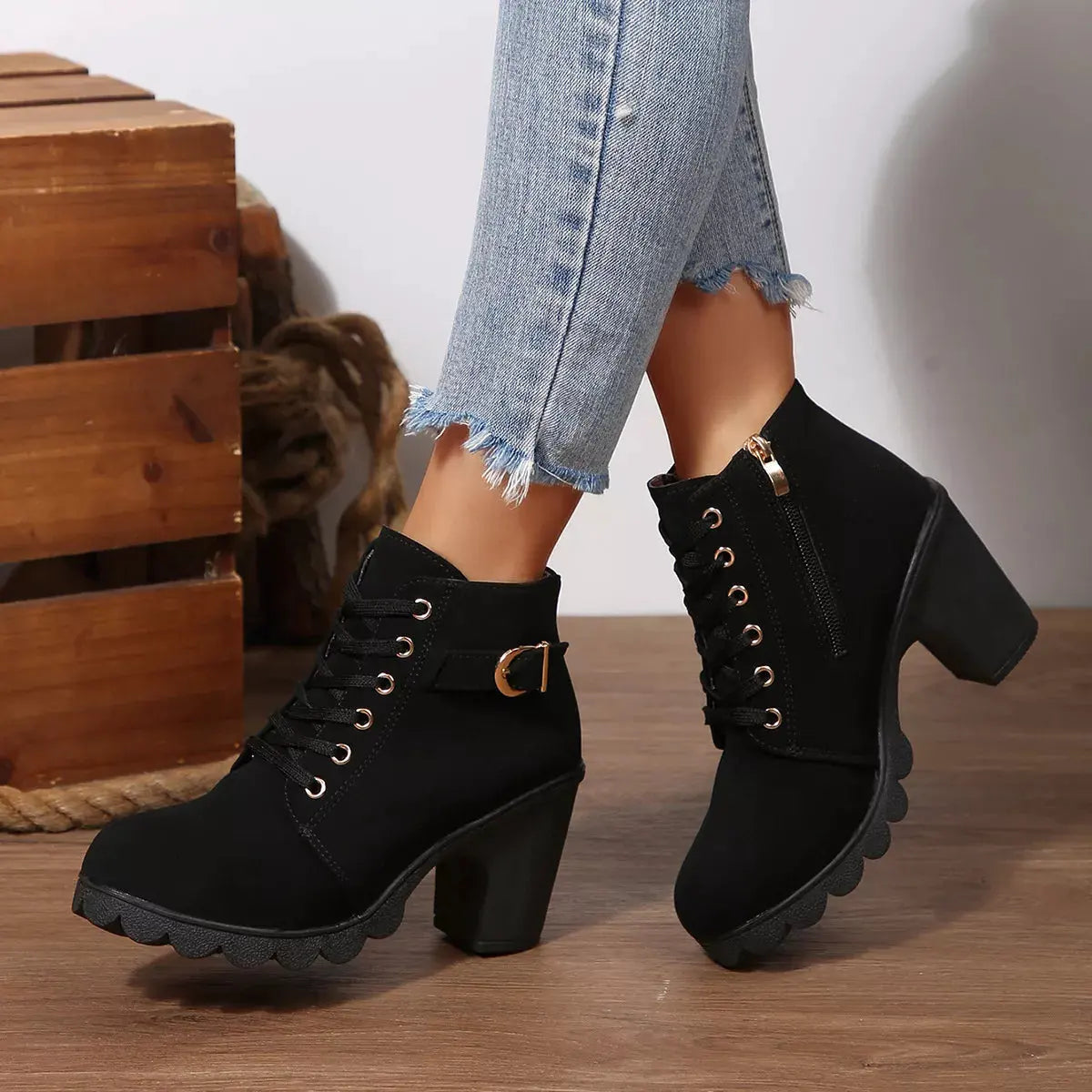 Lace Up Block Heels Boots by Partner Label