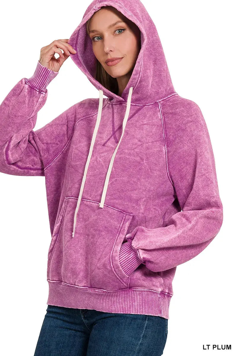 Zenana Acid Wash Fleece Hoodie with Kangaroo Pocket by Zenana