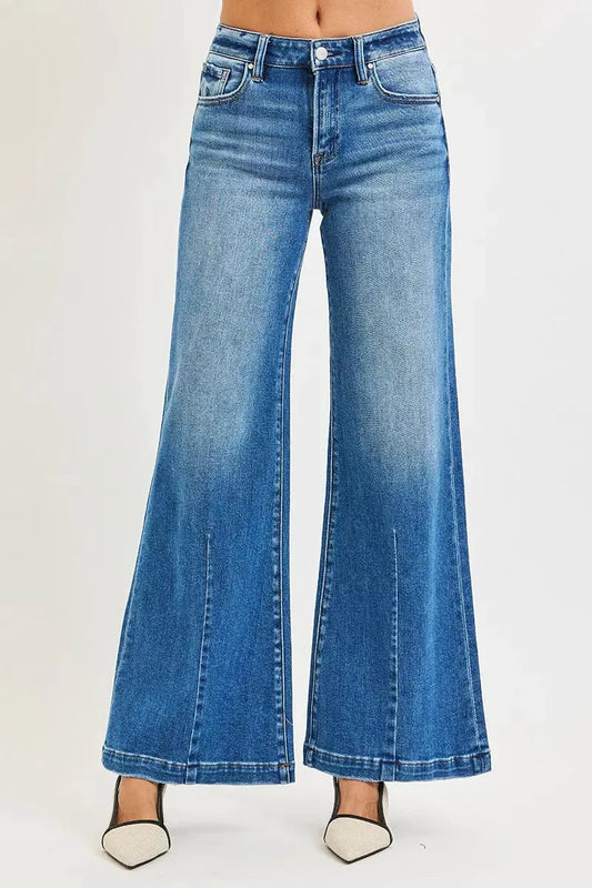 RISEN Full Size Mid Rise Wide Leg Jeans with Flared Look Plus Size by RISEN