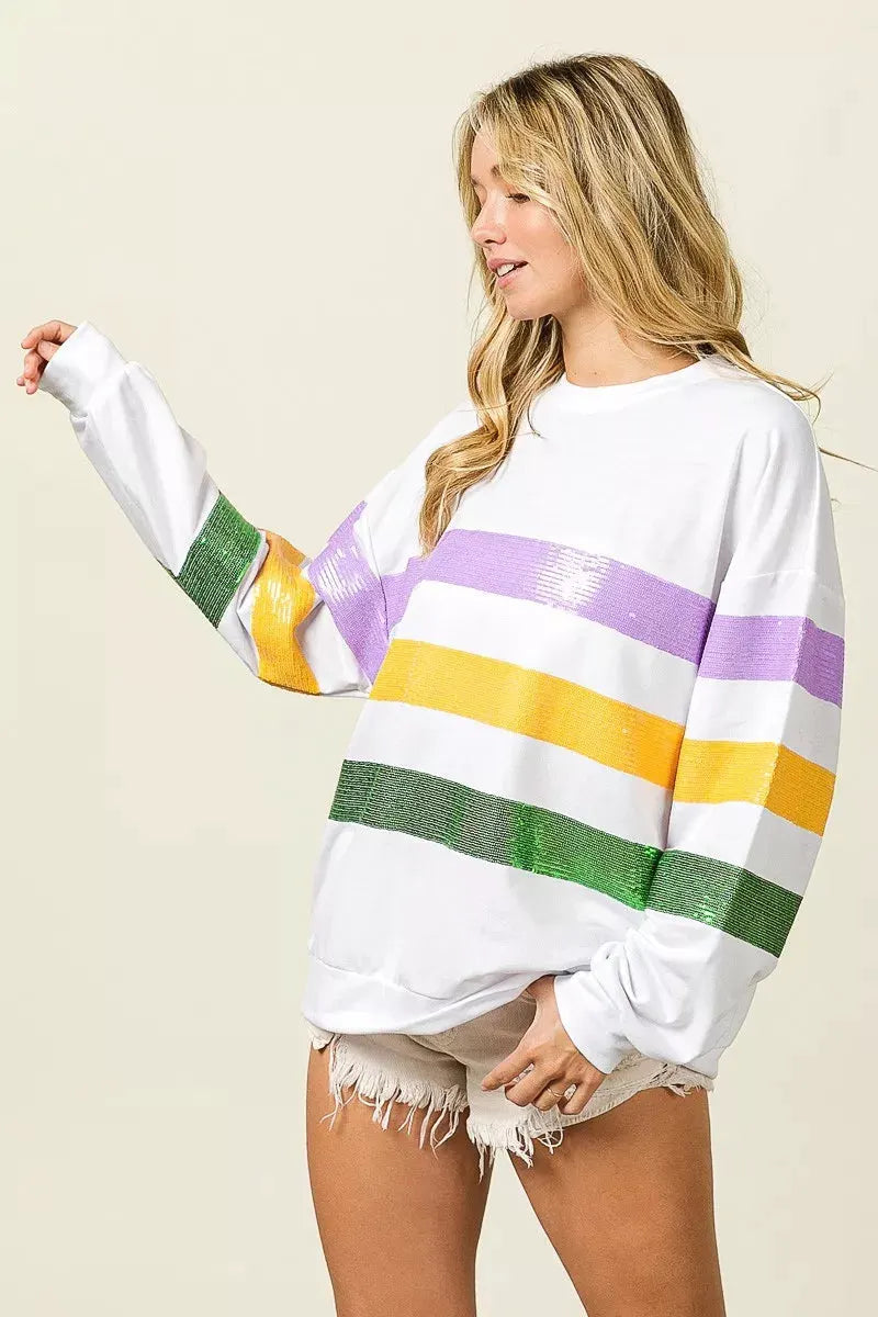 BiBi Sequin Mardi Gras Striped Round Neck Sweatshirt by BiBi