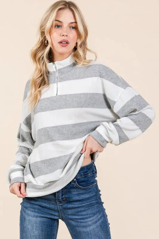 BOMBOM Striped Quarter Zip Drop Shoulder Sweatshirt by BOMBOM