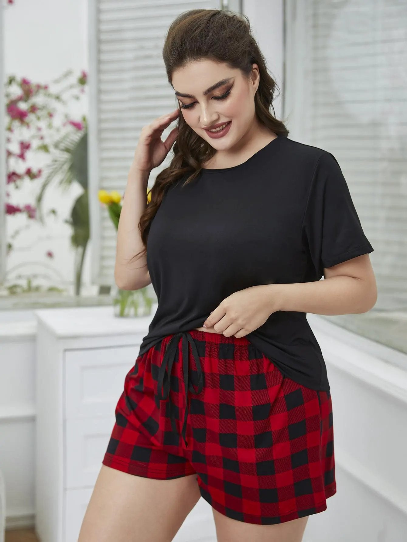 Plus Size Round Neck Tee Shirt and Plaid Shorts Lounge Set by Partner Label