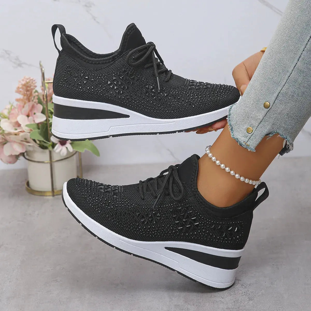 Breathable Mesh Rhinestone Wedge Athletic Sneakers by Partner Label