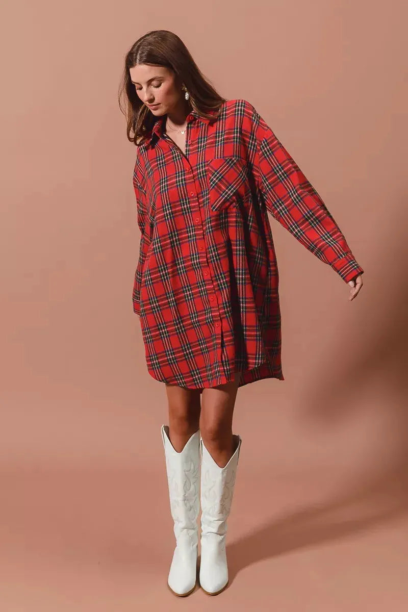 SO ME Christmas Checker Plaid Button Up Shirt Dress by SO ME